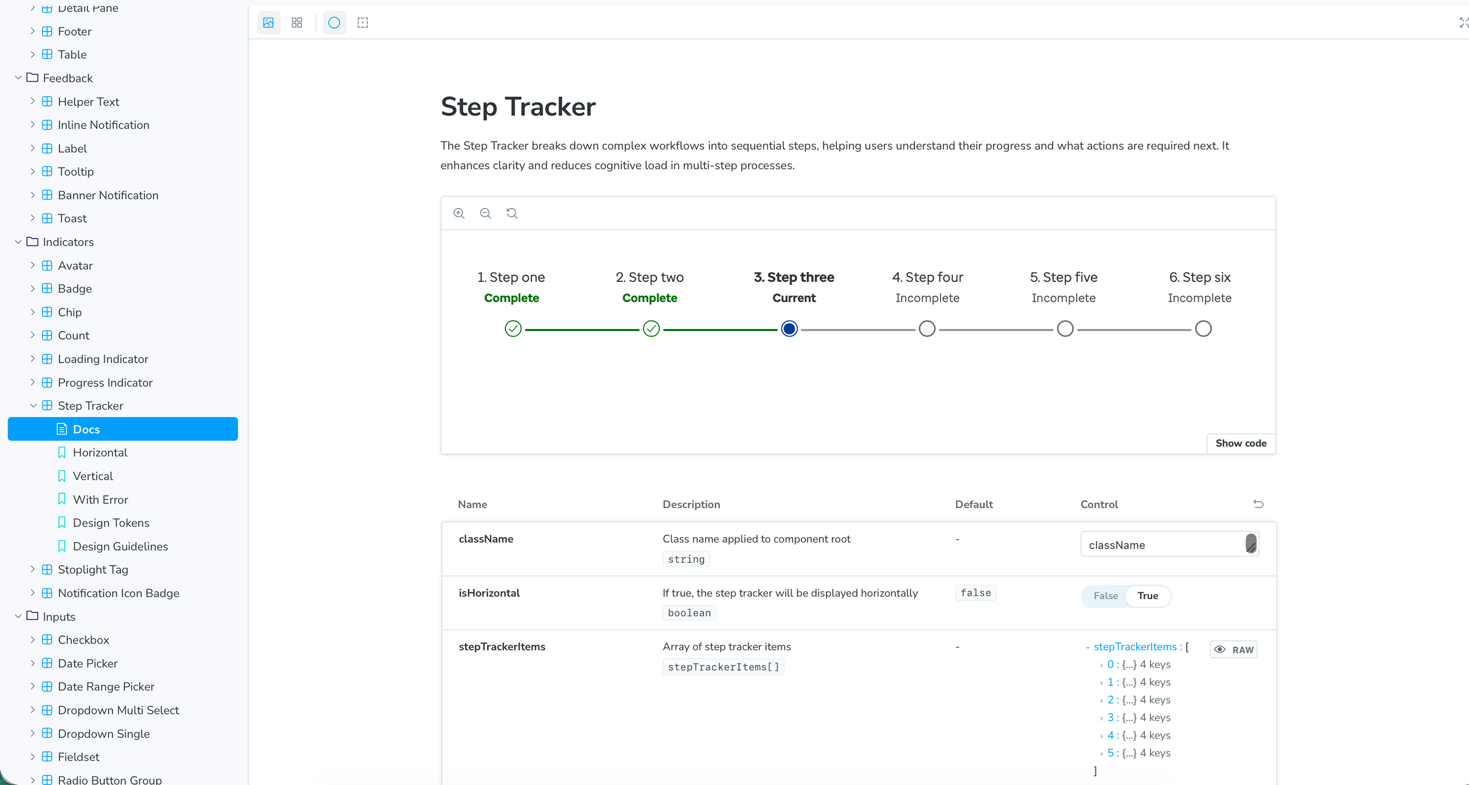 Step Tracker rendered states and controls in Storybook