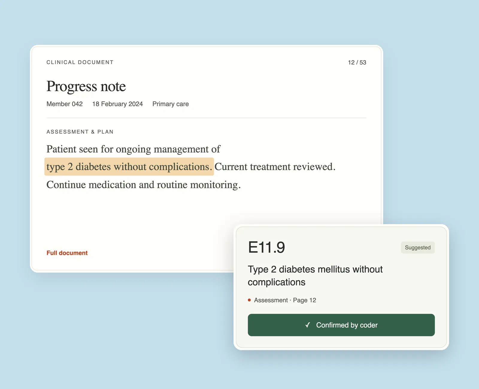 Adaptive Coder close-up: a progress note with the type 2 diabetes evidence highlighted, and the E11.9 code card confirmed by the coder